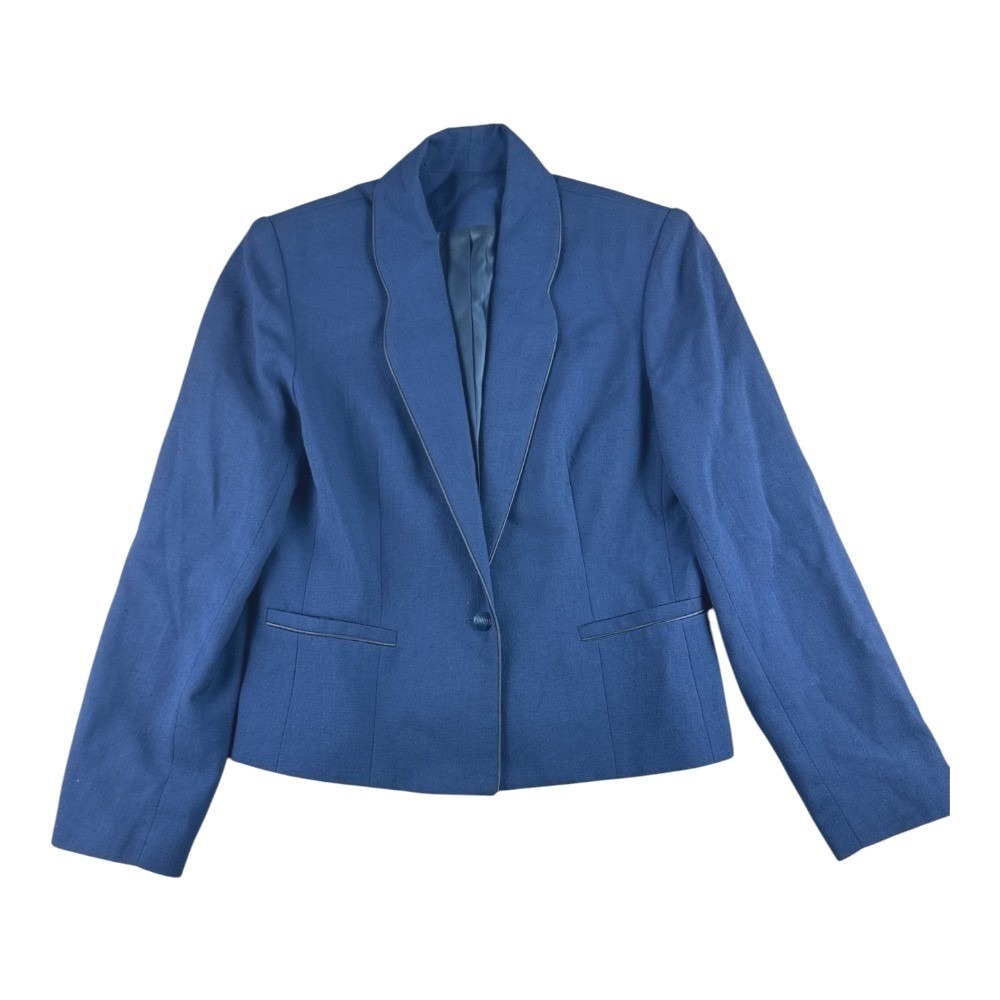 Vintage Buddy Bates Blue Single Button Blazer Satin Trim Tailored Jacket Sz 8